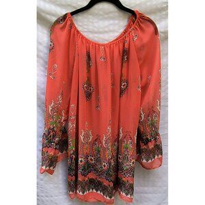 Emma Rose Medium Coral Boho Floral Peasant Blouse With Elastic Neck & Ruffled Sl